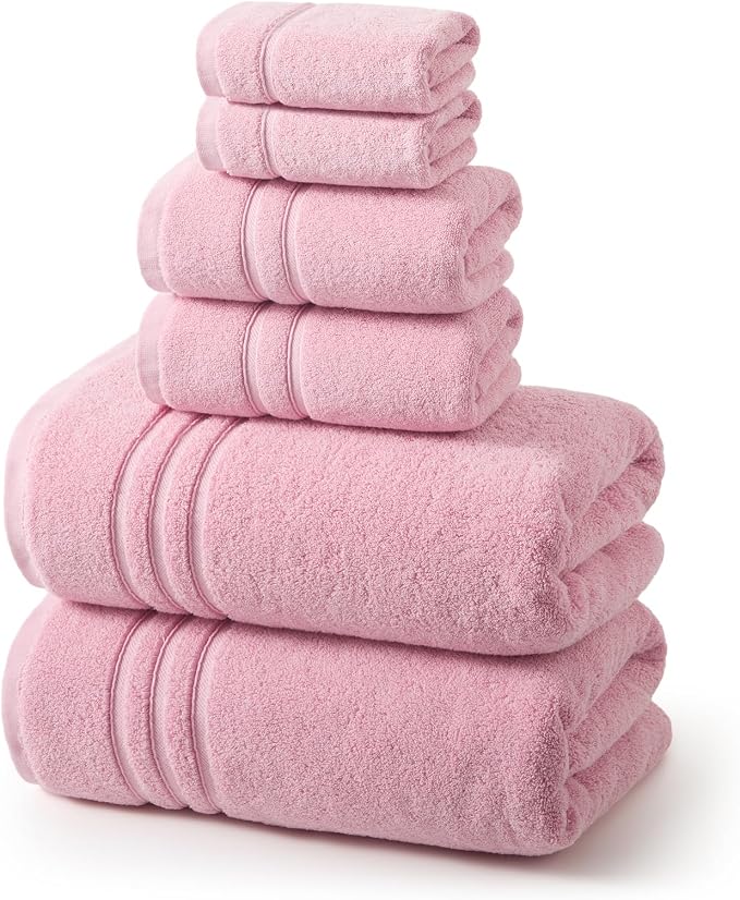 REDKISS Pink Towels Set 6 Piece Cotton Towel Sets with 2 Bath Towels, 2 Hand, 2 Washcloths, 650GSM Hotel Quality, Soft, Highly Absorbent Towels for Bathroom Gym, Ideal Everyday Use