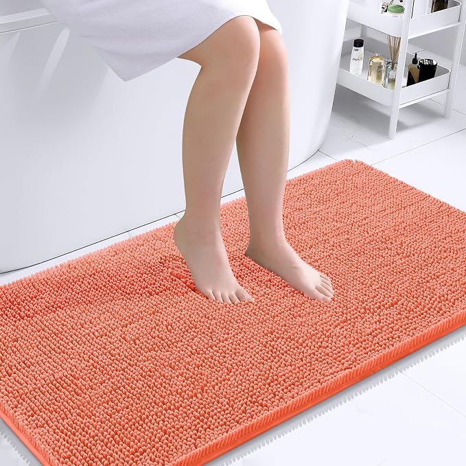 OLANLY Bathroom Runner Rugs 44x24, Extra Soft Absorbent Chenille Bath Rugs, Rubber Backing Quick Dry, Machine Washable Long Bath Mats for Bathroom Floor, Tub and Shower, Home Decor Accessories, Coral