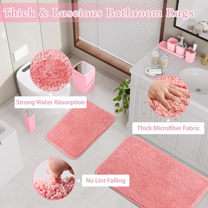 XLHOMO Bathroom Accessory Set–Bathroom Sets with Shower Curtain and Rugs, Non Slip Bathroom Rugs Super Absorbent, Pink Ombre Waterproof Shower Curtain with Hooks, Pink Bathroom Sets Complete for Home