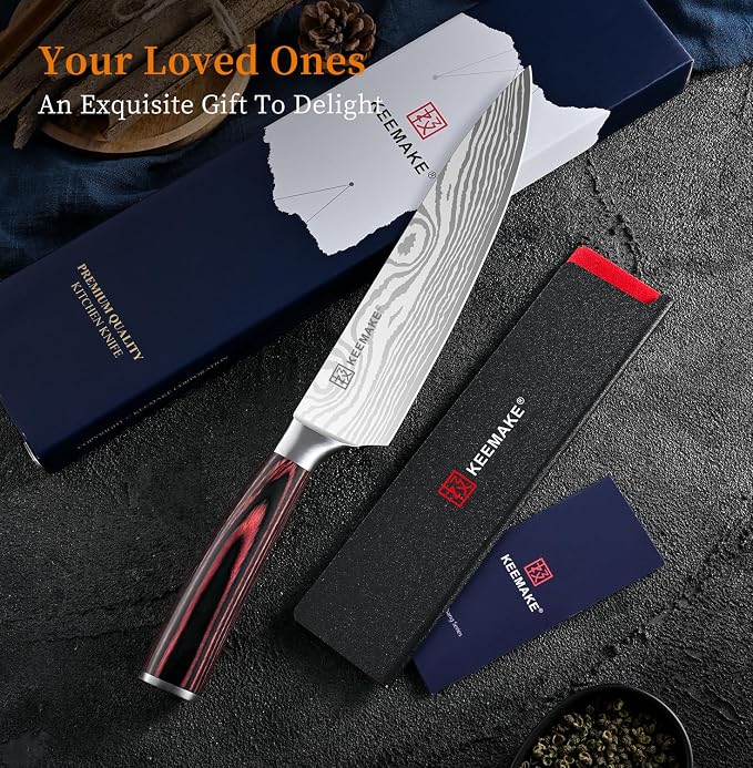 8" Chef Knife, Ultra Sharp Kitchen Knife with Ergonomic Handle | Japanese High Carbon Stainless Steel, 12° Bevel Angle, Professional Cooking Gadgets with Gift Box for Men and Women