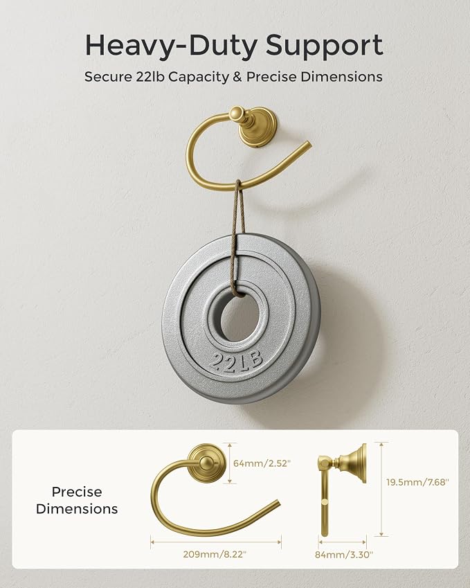 Gold Towel Ring for Bathroom, Stainless Steel Hand Towel Holder Wall Mounted, Brushed Finish Towel Holder Heavy Duty Towel Hanger for Bath