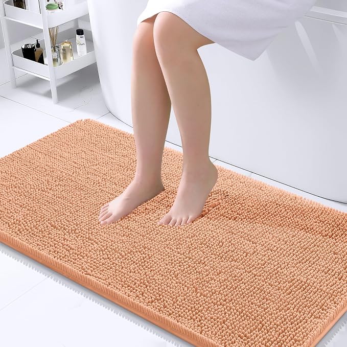 OLANLY Large Bathroom Rugs 40x24, Extra Soft Absorbent Chenille Bath Rugs, Rubber Backing Quick Dry, Machine Washable Bath Mats for Bathroom Floor, Tub and Shower, Home Decor Accessories, Peach