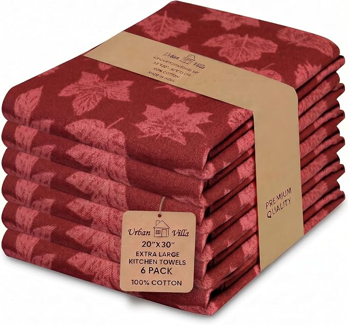 Urban Villa Kitchen Towels Harvest Leaf Print Towels Set of 6 20" X30” 100% Cotton Highly Absorbent Quick Drying Dish Cloths & Dish Towels Thanksgiving Fall Tea Towels with Hanging Loop Towels
