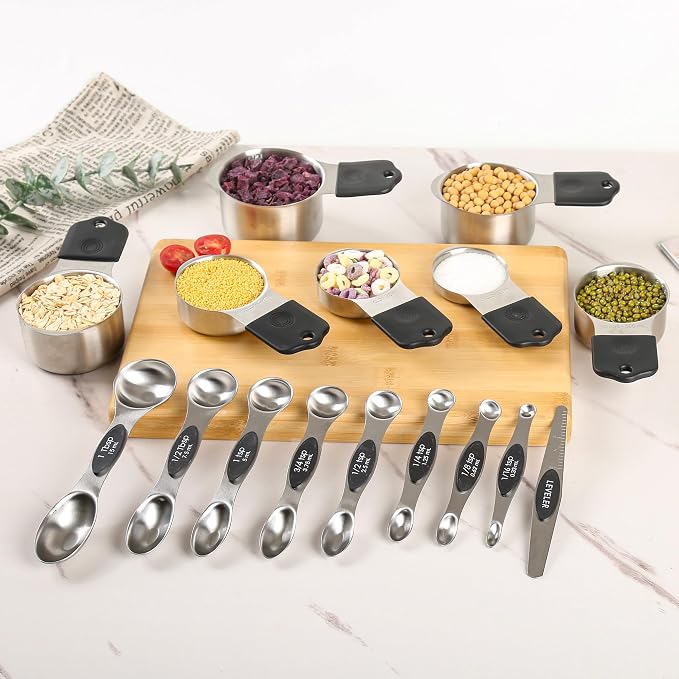 Magnetic Measuring Cups and Spoons Set 16, Metric & US Stainless Steel Measuring Cups and Spoons Set for Dry & Liquid, Metal Measure Cups & Spoons & Leveler for Kitchen&Baking, Black