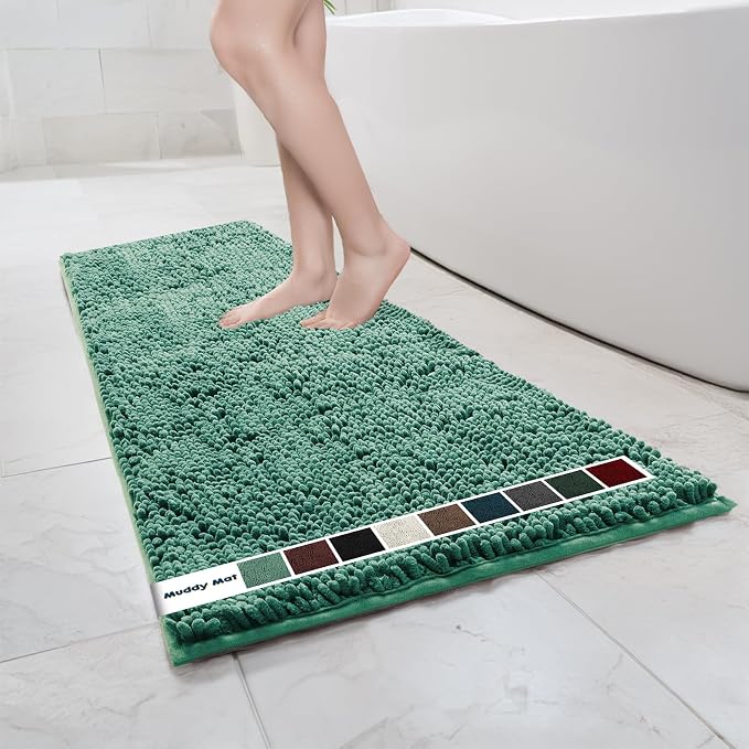 Muddy Mat® | Chenille Bathroom Rugs Quick Dry Microfiber Mats Non Slip Washable, Extra Thick, Soft and Highly Absorbent Bath Mats for Bathroom, Kitchen, and Shower Floor - Seafoam Green 24"x59"