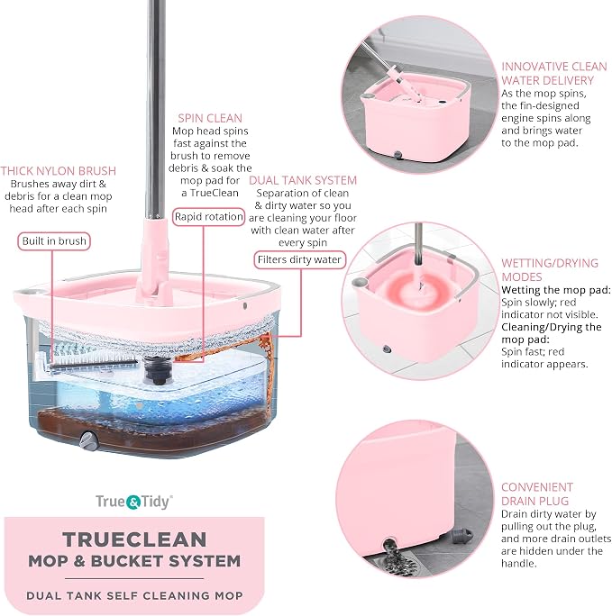 True & Tidy Square Spin Mop & Bucket System w/Machine Washable Pads, Rose
