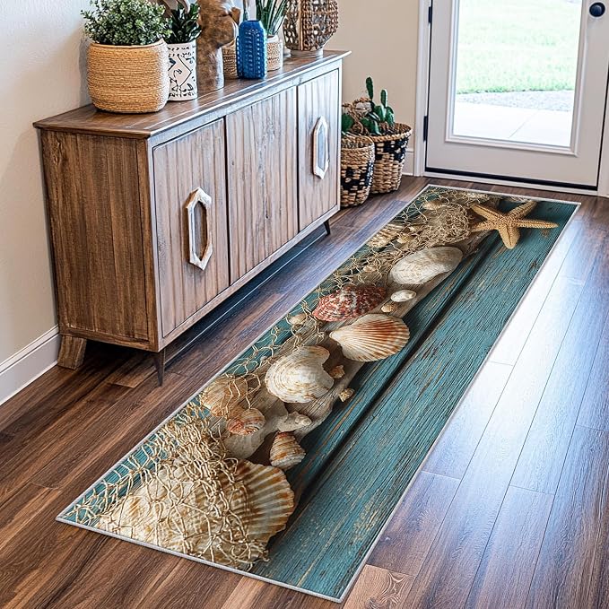 3x12 Seashell Theme Runner Rug for Hallway, Washable Coastal Wood Grain Rug Runner Non Slip, Fishing Net Home Decor Carpet for Kitchen, Bedroom, Entryway, Laundry Room, Ultra Thin Soft