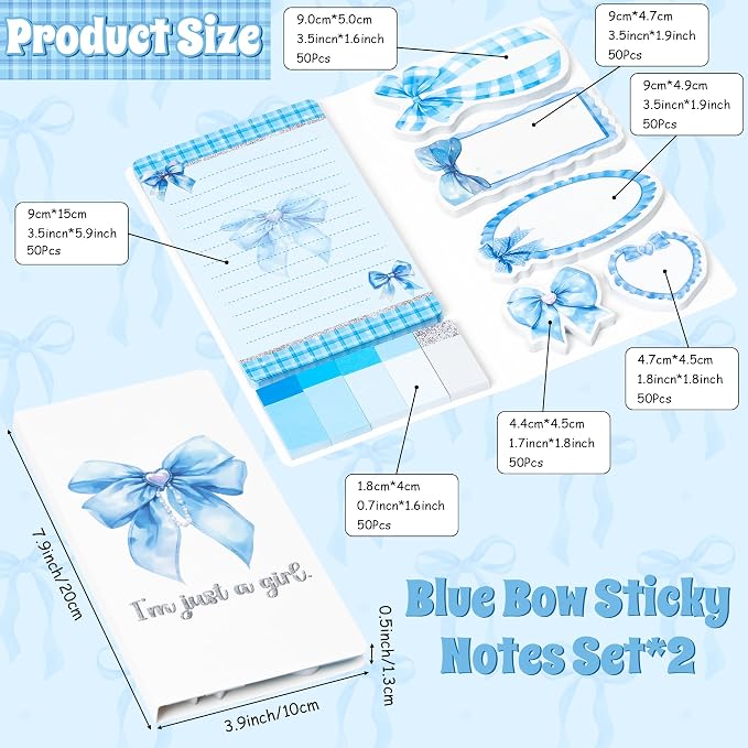 Xqumoi 2 Pack Coquette Blue Bow Sticky Notes for School Office Supply | Blue Bow Sticky Notes Set, Notepads Writing Memo Pad, Page Marker Bookmarker, Preppy Girly Gift, Back to School Office Supply