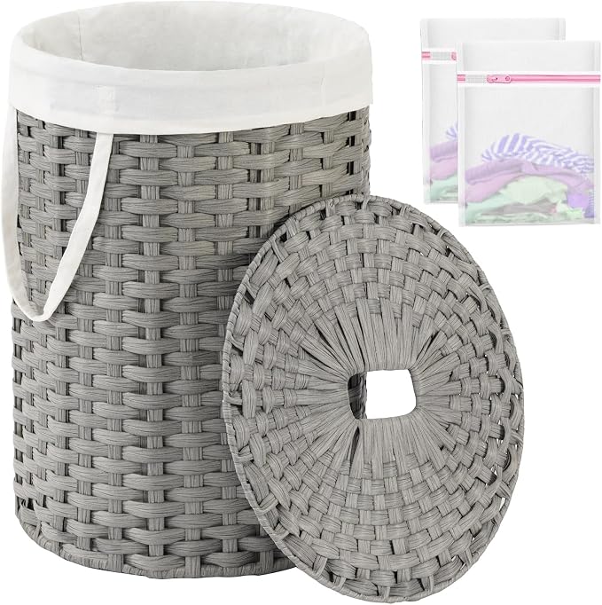 SETVSON Laundry Basket with Lid 23.8 Gal Round Laundry Hamper Grey | The lid hides dirty clothes, keeping spaces neat and fresh. 90 L Large Capacity, Stylish Design with Handles Easy Transport