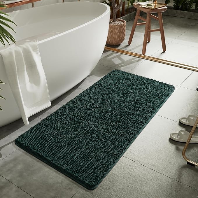 LOCHAS Luxury Bathroom Rug Shaggy Bath Mat 24 x 60 Inch, Hunter Green | Washable Non Slip Bath Rugs for Bathroom Shower, Soft Plush Chenille Absorbent Carpets