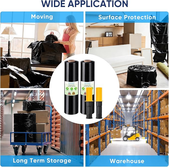 TICONN 2Pk Stretch Wrap Stretch Film Roll, 1000ft Industrial Strength 15 inch Wide Black Plastic Wrap with Handles for Pallet Wrapping Shipping Moving