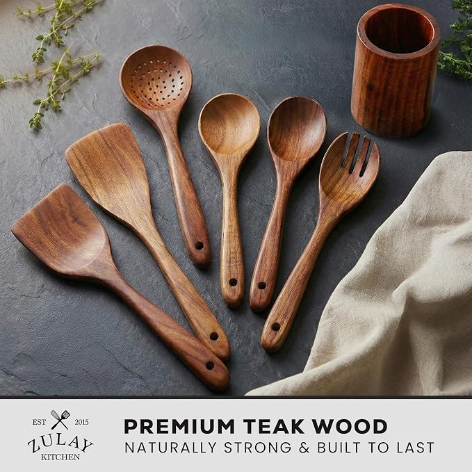 Zulay Kitchen 7-Piece Wooden Cooking Spoons Set – Heat-Resistant, Smooth Teak Utensils with Comfort Grip – Lightweight & Durable – Easy to Clean, Perfect for Non-Stick Cookware