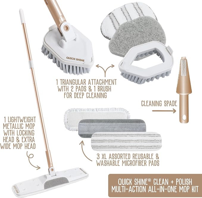 Quick Shine Ultimate Gold Clean + Polish Mop Kit, 9 Pc Set w/Interchangeable Attachments | 2-in-1 Pro Cleaning System w/ Microfiber Pads for All Floor Types | No Batteries Needed