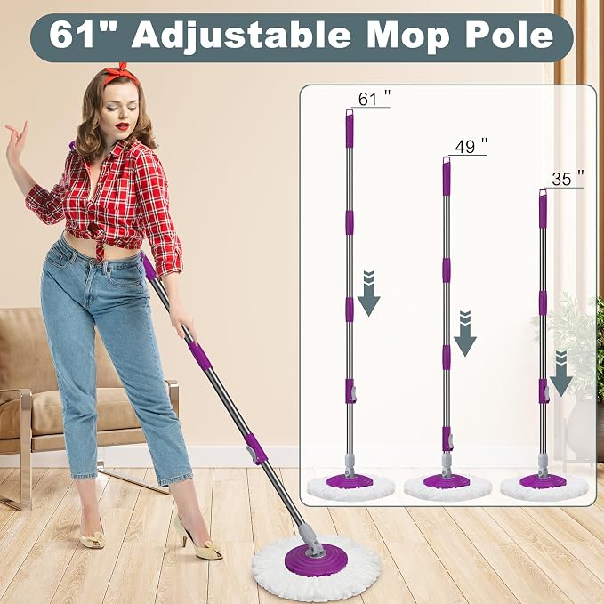 Dual Compartment Spin Mop and Bucket, Mop and Bucket with Wringer Set,360°Rotating Spinning Mopping for Floor Cleaning with 6 Microfiber Replacement Heads, 61" Extended Handle, 2X Wheel