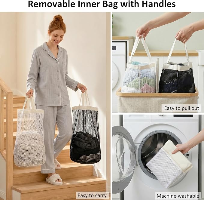efluky Laundry Hamper with Lid, Double Laundry Basket with 2 Removable Bags, 2 Section Laundry Bin with Bamboo Handles for Bathroom, Bedroom & Laundry Room, 115L (30.4 Gallon) Beige