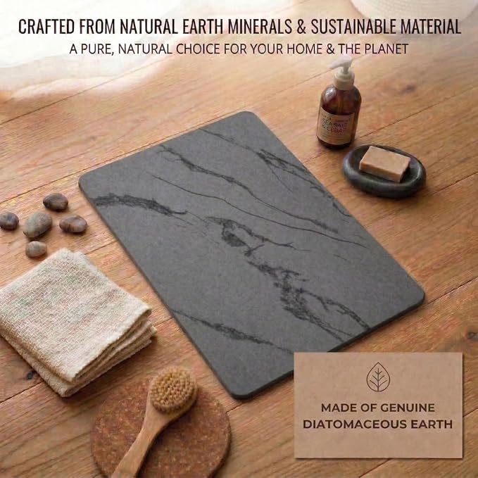Stone Bath Mat – Diatomaceous Earth Quick Drying Non-Slip Bathroom Mat – Absorbent Diatomite Shower Mat, Durable & Easy to Clean, Modern, 23.6" x 15.3" (2 Pack Charcoal Black - Marble)