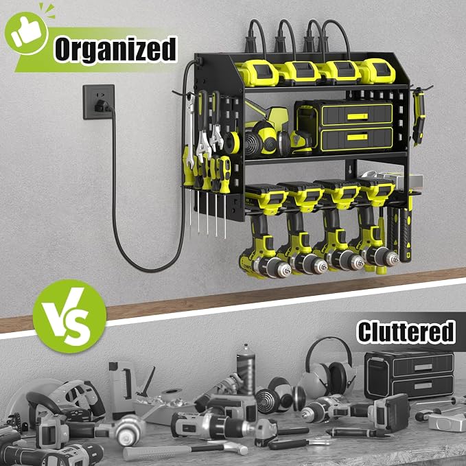 SUNALLY Power Tool Organizer Wall Mount with Charging Station,3 Layer Heavy Duty Metal Tool Storage Rack with 4 Drill Holders, Power Tool Shelf for Garage, Warehouse, Workshop, Gifts for Men, Husband