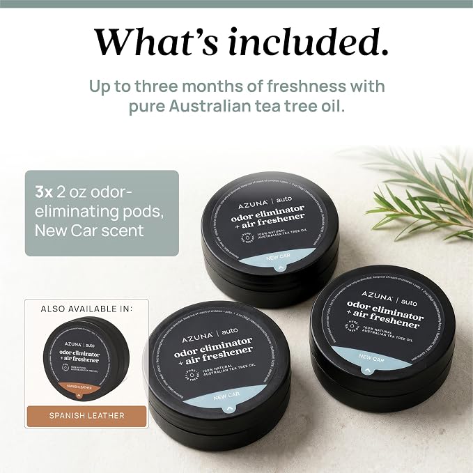 Azuna Car Air Freshener & Auto Odor Eliminator Pods Trio | New Car Scent | Plant Powered by 100% Australian Tea Tree Oil | Long Lasting and No harsh chemicals | Made in USA | 3 Pack of 2oz Pods