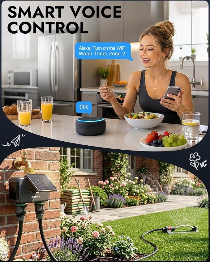 Insoma Solar WiFi Water Timer w/Adjustable 120° Solar Panel, 2-Zone Smart Sprinkler Timer Solar&Type-C Powered, APP&Voice Control Auto Irrigation for Lawn Garden, No Need Hub, Work with Alexa&Google