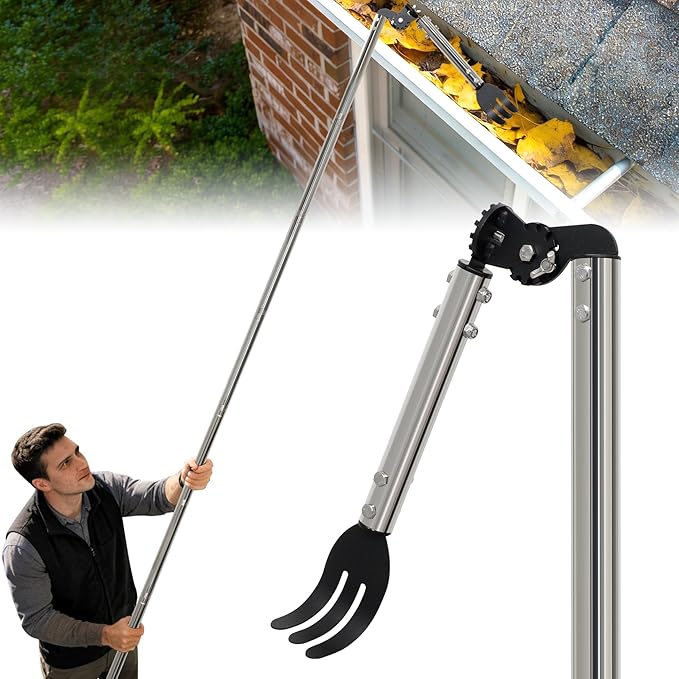 12FT Gutter Cleaning Tools from the Ground with Dual-Axis Adjustment | Spring Steel Gutter Cleaner Tool, Adjustable Length Cleaning Pole with Gutter Rake for Leaves, Muck and Roof Debris