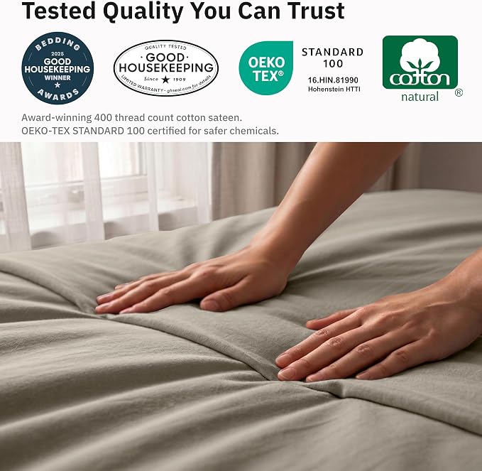 California Design Den 3-Piece Duvet Cover Set King - 400 Thread Count, 100% Cotton Sateen, Soft Duvet Cover Sets King Size Bed, Button Closures, Corner Ties, Durable Bedding - Taupe