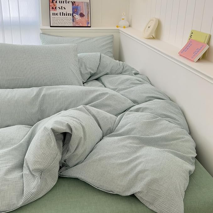 mixinni Green Striped Duvet Cover Twin Size - 100% Washed Cotton Pinstripe Comforter Cover with Zipper Closure, Lightweight & Breathable, 3 Pieces Minimalist Stripes Pattern Printed Bedding Set