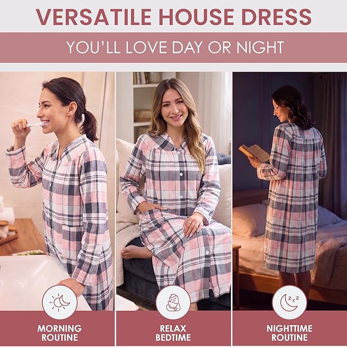 Casual Nights Women's Floral Snap Front Flannel Duster Long Sleeve Lounger Dress