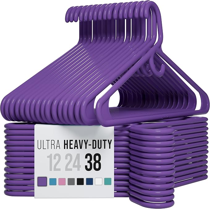 NEATERIZE Thick Heavy Duty Hangers - Purple Plastic Clothes Hangers 38 Pack - Great for Coat Hanger, Jackets Jeans & Suit Hanger for Closet, New Apartment Essentials Percheros Ganchos para Colgar Ropa
