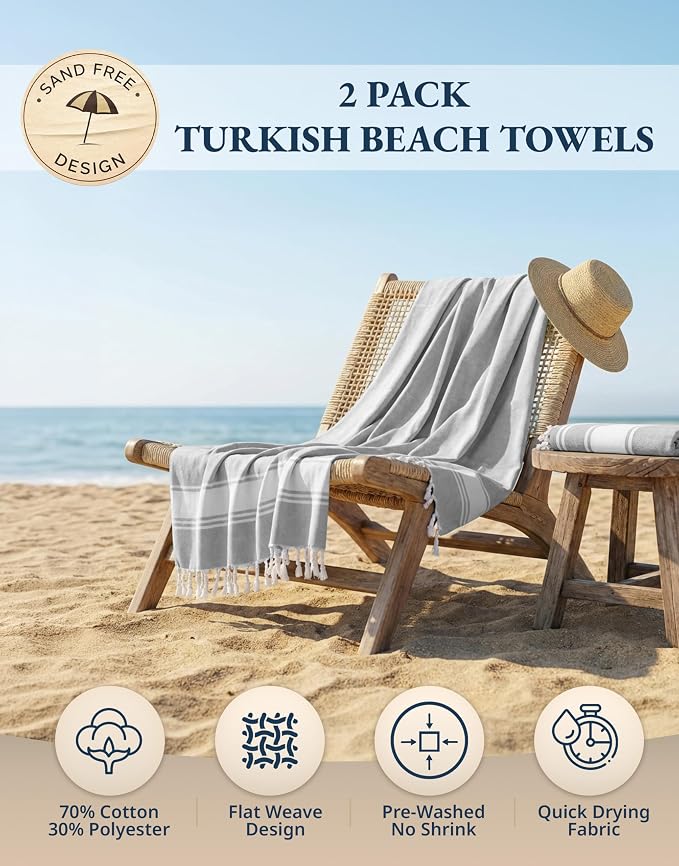 LANE LINEN Extra Large Beach Towels 2 Pack, Oversized 39"x71", Soft - Grey | Pre-Washed, Quick Dry - Sand-Free & Absorbent Pool Towels - Stylish & Lightweight for Women - Vacation Essential, All-Season