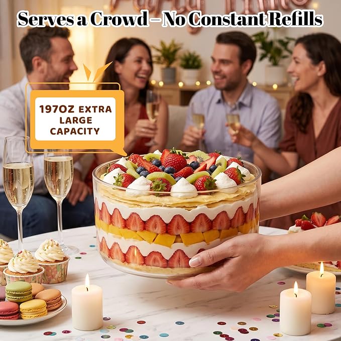 Jolitac 197oz Glass Trifle Bowl with Lid - Extra Large 10 inch Clear Glass Salad Bowl