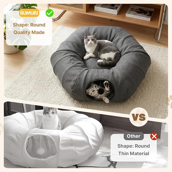 Cat Tunnel Bed for Indoor Cats, Cooling Natural Linen Cat Tunnel, Breathable 29.5in Kitten Toys Cat Tunnel with Washable Mat, Round Pet Tunnel for Kittens, Squirrels Dark Grey