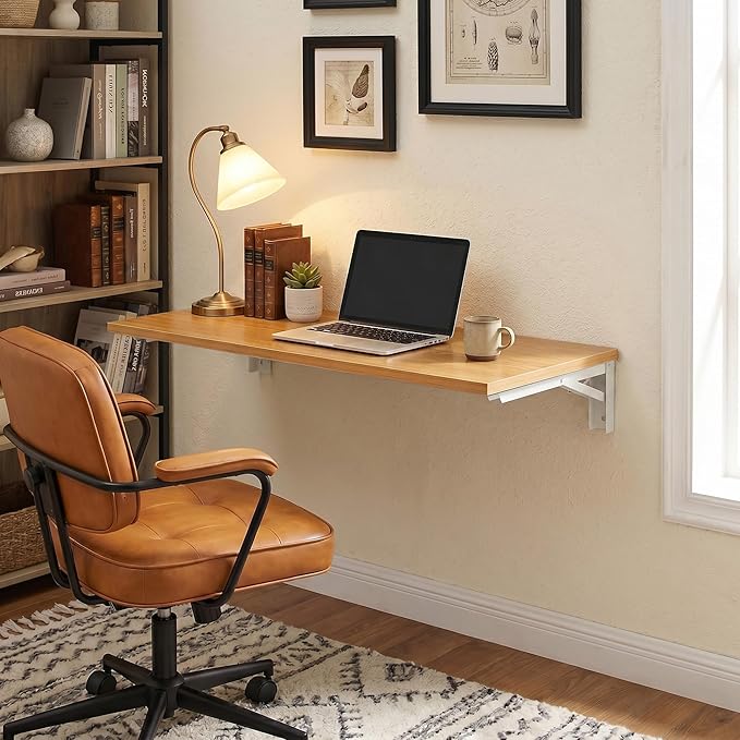 Need 36x20IN Wall Mounted Folding Table for Office Laundry Teak | White Frame Fold Down Wall Mount Desk Folding Wall Table for Small Apartment, Garage&Ironing Station
