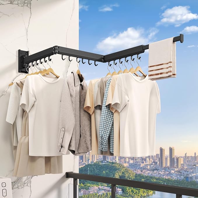 Wall Mounted Tri-Fold Clothes Drying Rack, Heavy Duty Collapsible Laundry Drying Rack, Space-Saving Retractable Foldable Drying Rack Clothes for Laundry Room Balcony Bathroom,Black-Hooks