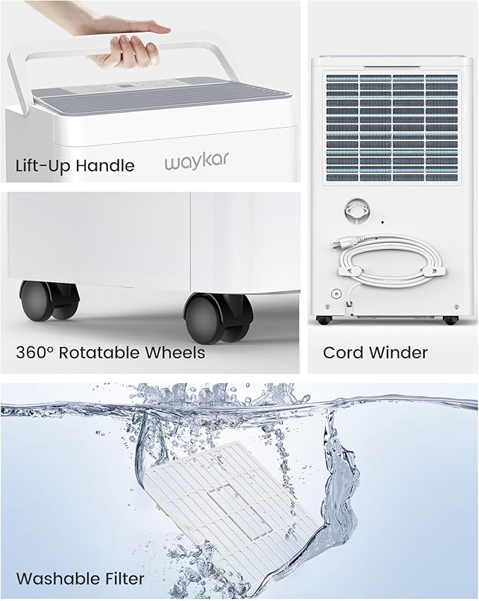 Waykar 150 Pint Energy Star Dehumidifier for Large Rooms up to 7,000 Sq. Ft. for Home, Basement, Commercial, Industrial, with Drain Hose & Tank, Auto Defrost, Ultra Quiet, Smart Auto Comfort Mode