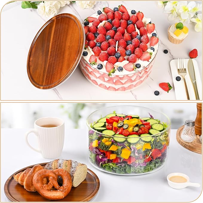 LOVYANXUE 155 oz Large Glass Trifle Bowl with Acacia Wood Lid - Glass Salad Bowl, Versatile Serving Bowls for Cake, Salad, Fruit, Baking, Dessert, Meal Prep, Storing, Microwave & Oven Safe, BPA Free