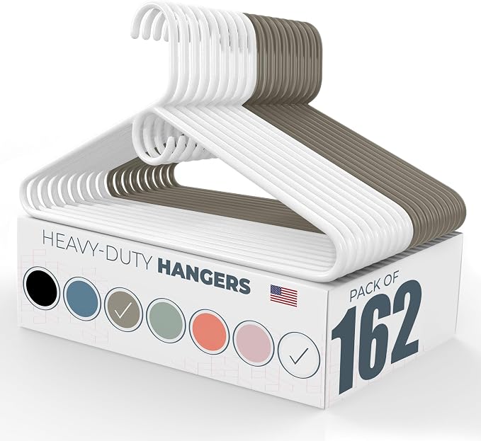 Heavy Duty Clothes Hangers 100+ Pack (162 Count) – Made in the USA – 8lb Capacity Plastic Hangers for Adult Clothing – Durable for Pants, Coats, Jackets, or Jeans – White & Gray