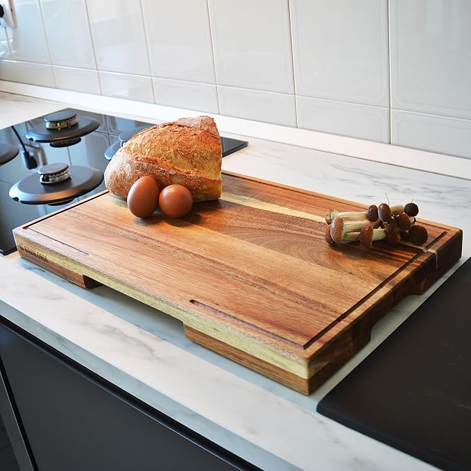 Acacia Wood Cutting Board for Kitchen, Thick Non Toxic Butcher Block | Hard Wood Edge Grain With Juice Groove 16" x 10" (Thick 1.7") Professional Heavy Duty Wooden Chopping Board (Oil Included)