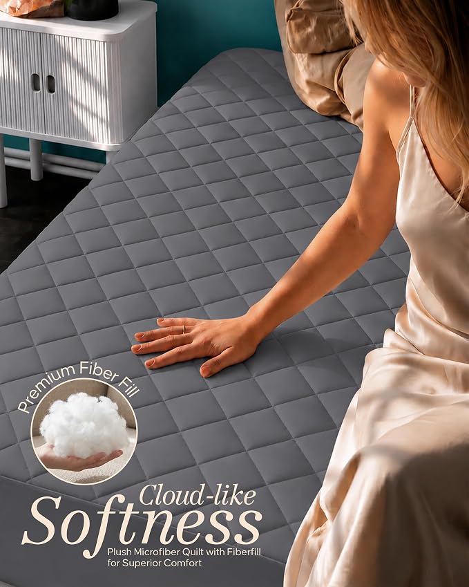 Quilted Fitted Mattress Pad, Full Mattress Protector Topper with Deep Pocket Stretches up to 16 Inches, Machine Washable Mattress Cover by Utopia Bedding (Grey)