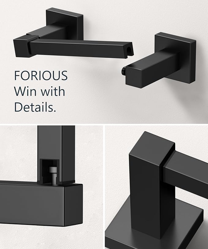 FORIOUS Toilet Paper Holder Wall Mount, Stainless Steel Rustproof Double Post Pivoting Tissue Roll Holder for Bathroom, Commercial Toilet Paper Dispenser (Matte Black, Square)