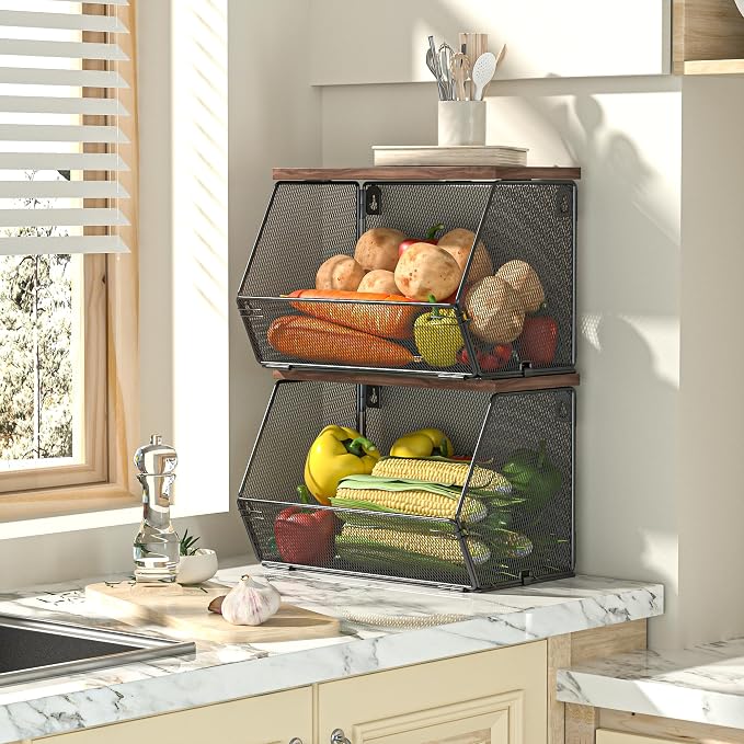 Litwaro Fruit Basket Wire Baskets with Wood Lid, Wall Mounted Produce Basket for Snack, Fruit and Vegetable Storage, Countertop Onion and Potato Storage, 3 Pack Stackable Kitchen Counter Organizer