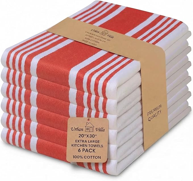 Urban Villa Kitchen Towels 100% Cotton Dish Towels for Kitchen (Set of 6) 20”x30” Dish Cloths Highly Absorbent Kitchen Linen Set with Hanging Loop Perfect for Drying Dishes Cleaning Towels-Red White