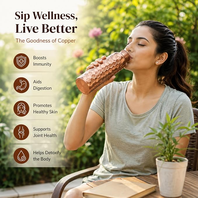 Copper Water Bottle,Ayurvedic Pure Copper Bottle For Drinking - Drink More Water, Lower Your Sugar Intake And Enjoy the Health Benefits Immediately,32 Oz (1Cleaning Brush+2 Hammered+1Diamond Bottle)
