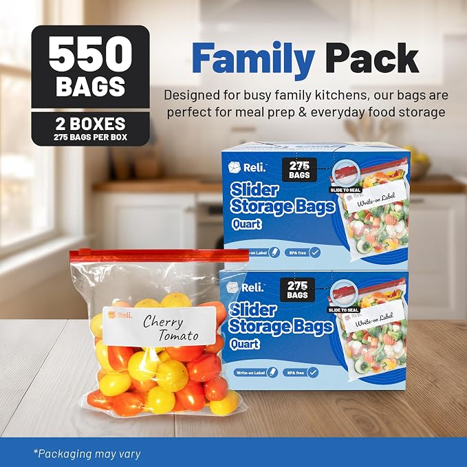 Reli. Quart Food Storage Bags (550pk) | Resealable Storage With Sliders | Quart Size Resealable Bags For Food, Toys, Supplies | Slide to Seal, Microwave-Safe, Write-On Label, BPA Free