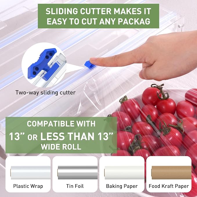 Kitchen Wrap Organizer, Foil and Plastic Wrap Organizer 3 in 1 with Sliding Cutter, Acrylic Wrap Dispenser for Drawer or Wall Mount, Fits 12 Inch Rolls