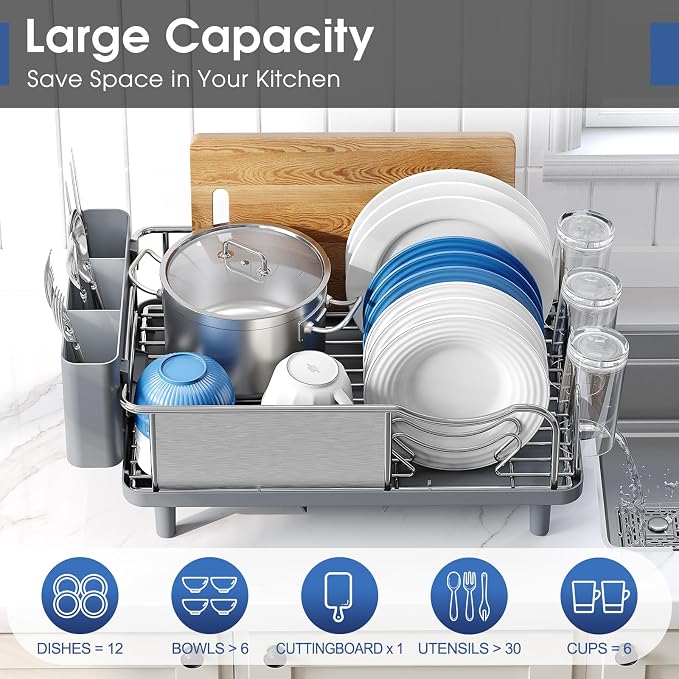 Urackify Stainless Steel Dish Drying Rack - Large Capacity Kitchen Counter Organizer with Drain Board, Utensil Holder & Detachable Cup Shelf, 304 Surgical-Grade Rust-Proof Dish Drainer, Easy Assembly