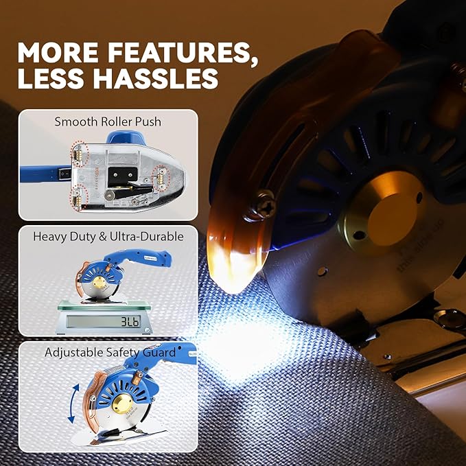 BAOSHISHAN 100mm Plug-in Electric Fabric Rotary Cutter Heavy Duty | Speed Adjustable Round Blade Fabric Cutting Machine for ≤1.06 inch Thickness Multilayer Fabric Leather Cloth Carpet (Blue)
