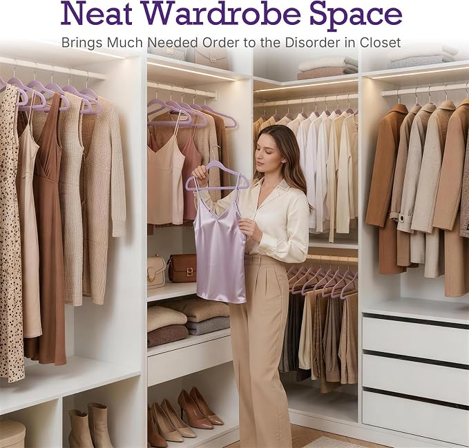 HOUSE DAY Lt-Purple Velvet Hangers 60 Pack, Non Slip Clothes Felt Hanger Heavy Duty for Coat, Premium Slim Space Saving Suit Hangers for Closet Organizer, 360° Rotating Silver Hook