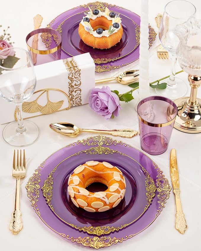 Nervure 350PCS Purple Plastic Plates - Purple Plastic Dinnerware Sets for 50 Guests - 100 Disposable Plates, 150 Gold Silverware, 50 Cups, 50 Napkins for Wedding & Party