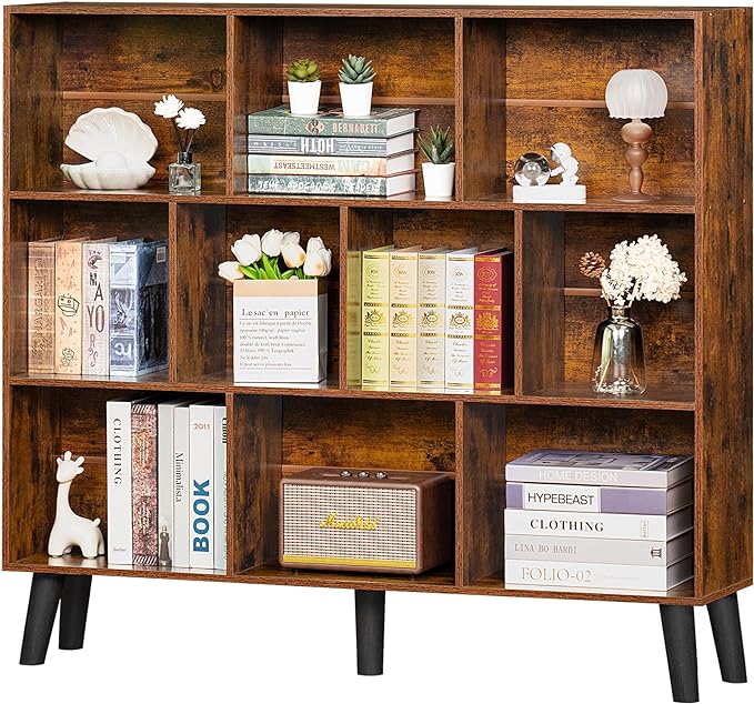 LEYAOYAO 10 Cube Bookshelf, Mid-Century Modern Book Shelf with Legs, Brown | 3 Tier Bookcase, Rustic Wood Bookshelves Freestanding Large Storage Organizer, Open Shelves for Bedroom, Living Room, Office