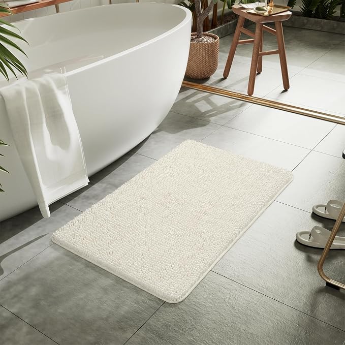 LOCHAS Luxury Bathroom Rug Shaggy Bath Mat 20 x 30 Inch, Cream White | Washable Non Slip Bath Rugs for Bathroom Shower, Soft Plush Chenille Absorbent Carpets